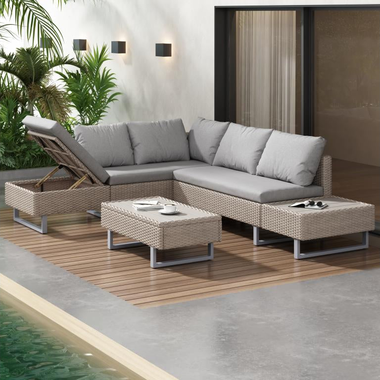 Ensemble Canap¨¦ de jardin 5 places avec coffre de rangement - ¨¦paisseur du rembourrage 7 cm - Rotin PE - Beige