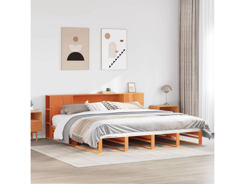 Lit biblioth¨¨que sans matelas cire marron 200x200cm bois massif