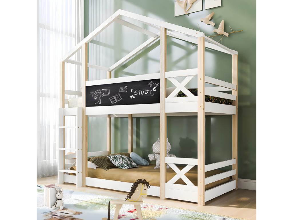 Lit d'enfant cabane avec ¨¦chelle 90x200 cm Lit sur¨¦lev¨¦ pour enfants- 2x sommier ¨¤ Vertchez- Nature / Blanc