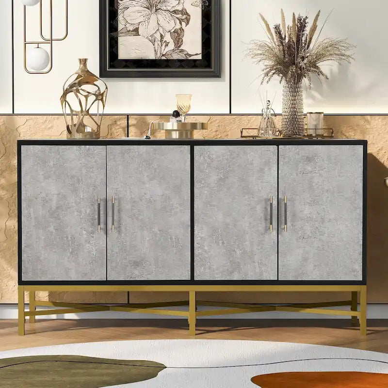 Buffet à quatre portes au design unique, avec structure en métal et pieds croisés, idéal pour le salon, l'entrée et le bureau.