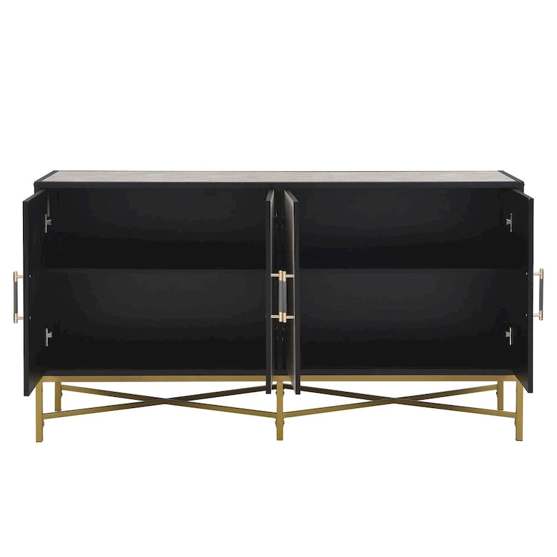 Buffet à quatre portes au design unique, avec structure en métal et pieds croisés, idéal pour le salon, l'entrée et le bureau.