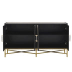 Buffet à quatre portes au design unique, avec structure en métal et pieds croisés, idéal pour le salon, l'entrée et le bureau.