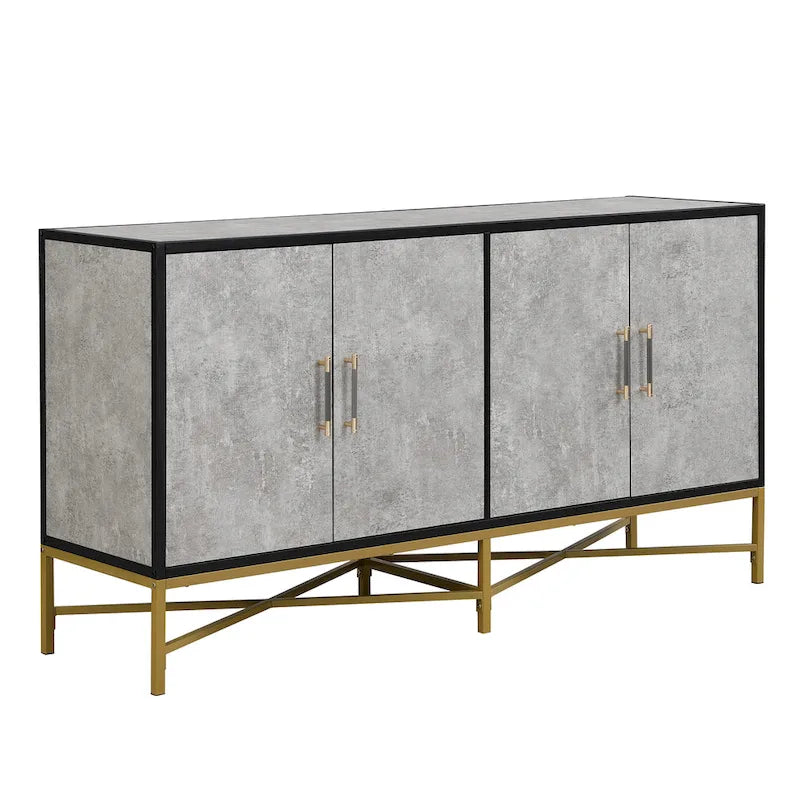Buffet à quatre portes au design unique, avec structure en métal et pieds croisés, idéal pour le salon, l'entrée et le bureau.