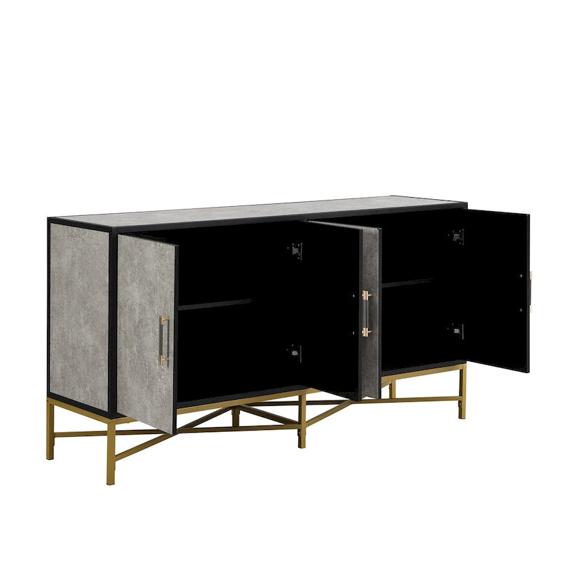 Buffet à quatre portes au design unique, avec structure en métal et pieds croisés, idéal pour le salon, l'entrée et le bureau.
