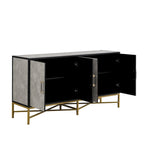 Buffet à quatre portes au design unique, avec structure en métal et pieds croisés, idéal pour le salon, l'entrée et le bureau.
