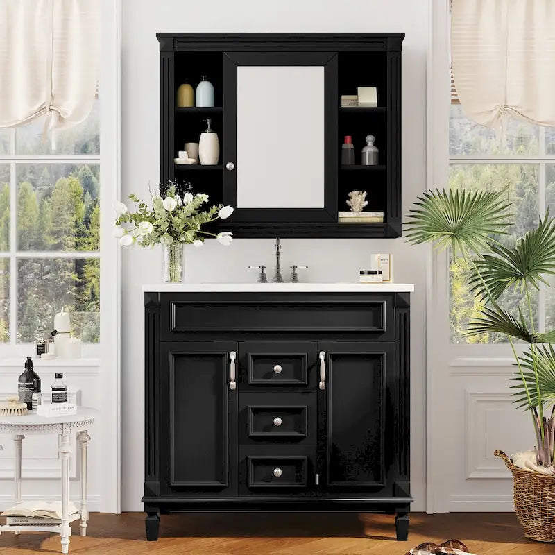 Meuble-lavabo de 91 cm avec vasque à poser, meuble de rangement moderne pour salle de bain avec 2 portes à fermeture douce, 2 tiroirs et vasque simple.