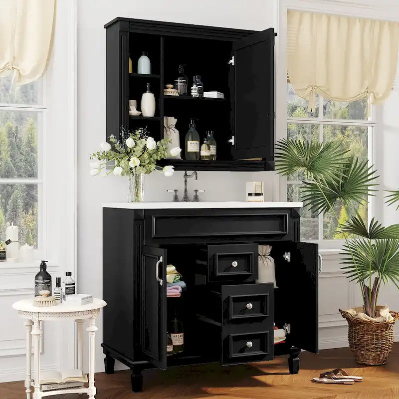 Meuble-lavabo de 91 cm avec vasque à poser, meuble de rangement moderne pour salle de bain avec 2 portes à fermeture douce, 2 tiroirs et vasque simple.