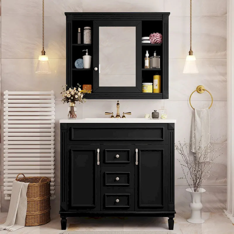 Meuble-lavabo de 91 cm avec vasque à poser, meuble de rangement moderne pour salle de bain avec 2 portes à fermeture douce, 2 tiroirs et vasque simple.