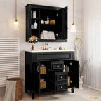 Meuble-lavabo de 91 cm avec vasque à poser, meuble de rangement moderne pour salle de bain avec 2 portes à fermeture douce, 2 tiroirs et vasque simple.