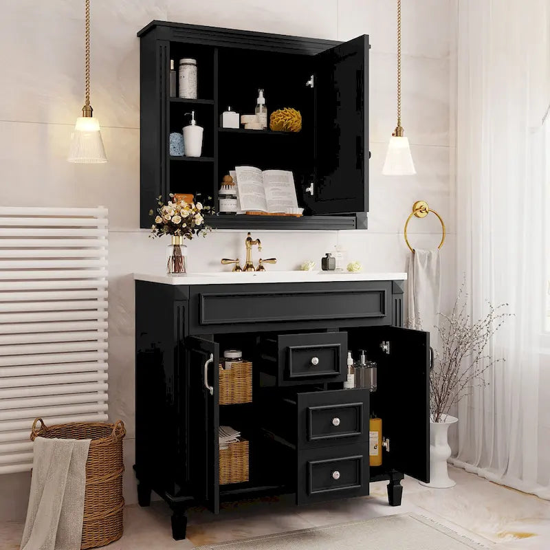 Meuble-lavabo de 91 cm avec vasque à poser, meuble de rangement moderne pour salle de bain avec 2 portes à fermeture douce, 2 tiroirs et vasque simple.