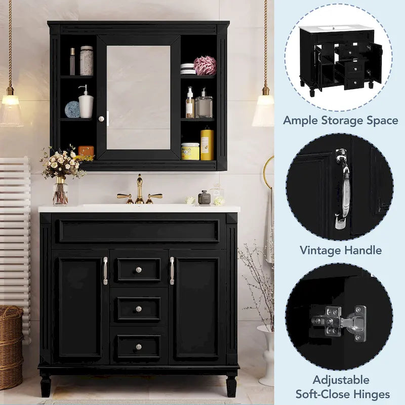 Meuble-lavabo de 91 cm avec vasque à poser, meuble de rangement moderne pour salle de bain avec 2 portes à fermeture douce, 2 tiroirs et vasque simple.