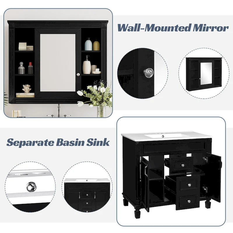 Meuble-lavabo de 91 cm avec vasque à poser, meuble de rangement moderne pour salle de bain avec 2 portes à fermeture douce, 2 tiroirs et vasque simple.