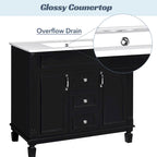 Meuble-lavabo de 91 cm avec vasque à poser, meuble de rangement moderne pour salle de bain avec 2 portes à fermeture douce, 2 tiroirs et vasque simple.