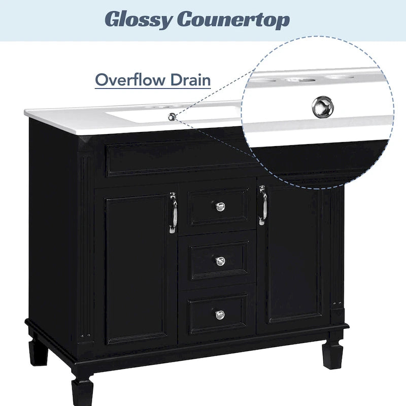 Meuble-lavabo de 91 cm avec vasque à poser, meuble de rangement moderne pour salle de bain avec 2 portes à fermeture douce, 2 tiroirs et vasque simple.