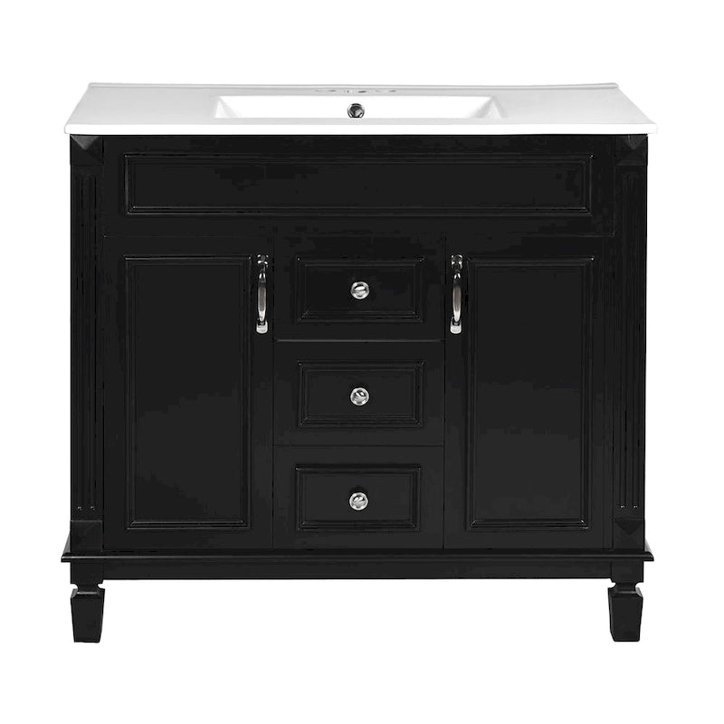 Meuble-lavabo de 91 cm avec vasque à poser, meuble de rangement moderne pour salle de bain avec 2 portes à fermeture douce, 2 tiroirs et vasque simple.