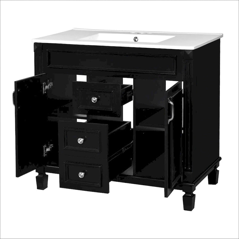Meuble-lavabo de 91 cm avec vasque à poser, meuble de rangement moderne pour salle de bain avec 2 portes à fermeture douce, 2 tiroirs et vasque simple.