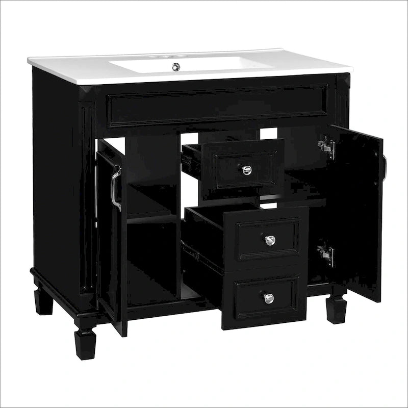 Meuble-lavabo de 91 cm avec vasque à poser, meuble de rangement moderne pour salle de bain avec 2 portes à fermeture douce, 2 tiroirs et vasque simple.