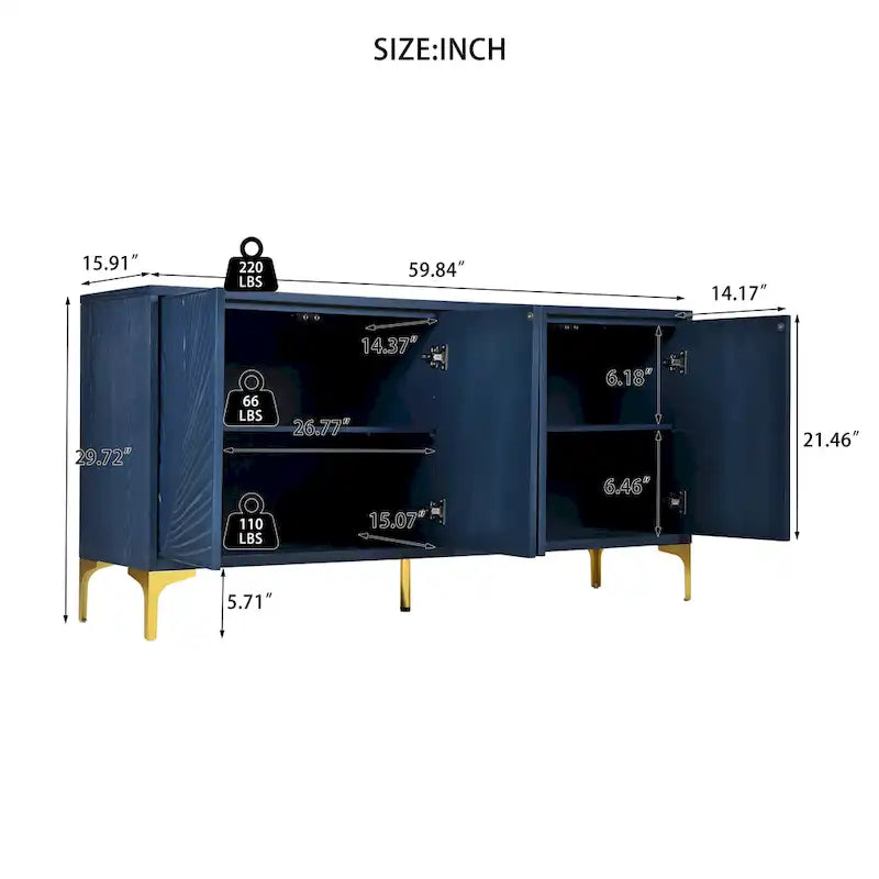 Meuble de rangement multifonctionnel, buffet à quatre portes avec une texture unique, étagères réglables