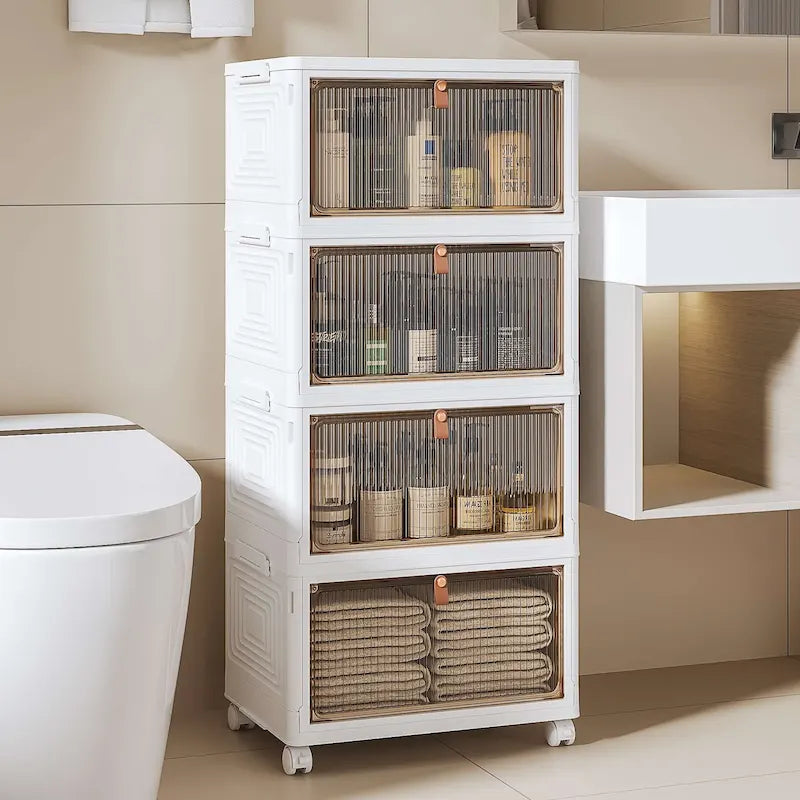 Armoire de rangement de salle de bain Javlergo à 4 niveaux, bacs de rangement avec couvercle, boîtes de rangement empilables et pliables