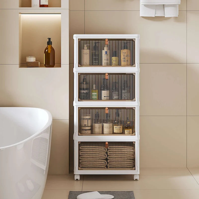 Armoire de rangement de salle de bain Javlergo à 4 niveaux, bacs de rangement avec couvercle, boîtes de rangement empilables et pliables