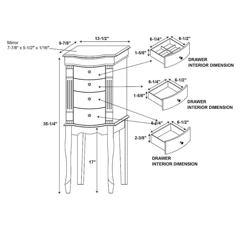 Armoire à bijoux sculptée avec tiroirs - 32,25 - Brun noyer