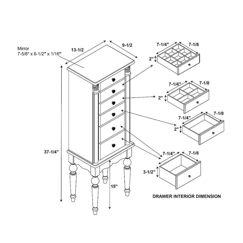 Armoire à bijoux en bois à 5 tiroirs avec couvercle rabattable - 37 - Noir