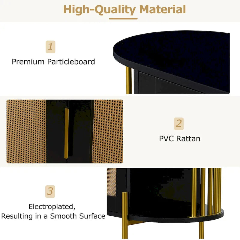 Meuble de salle à manger élégant à 2 portes incurvées avec garniture dorée et portes en rotin tressé (noir)