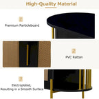 Meuble de salle à manger élégant à 2 portes incurvées avec garniture dorée et portes en rotin tressé (noir)