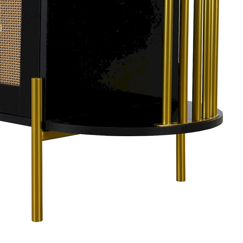 Meuble de salle à manger élégant à 2 portes incurvées avec garniture dorée et portes en rotin tressé (noir)