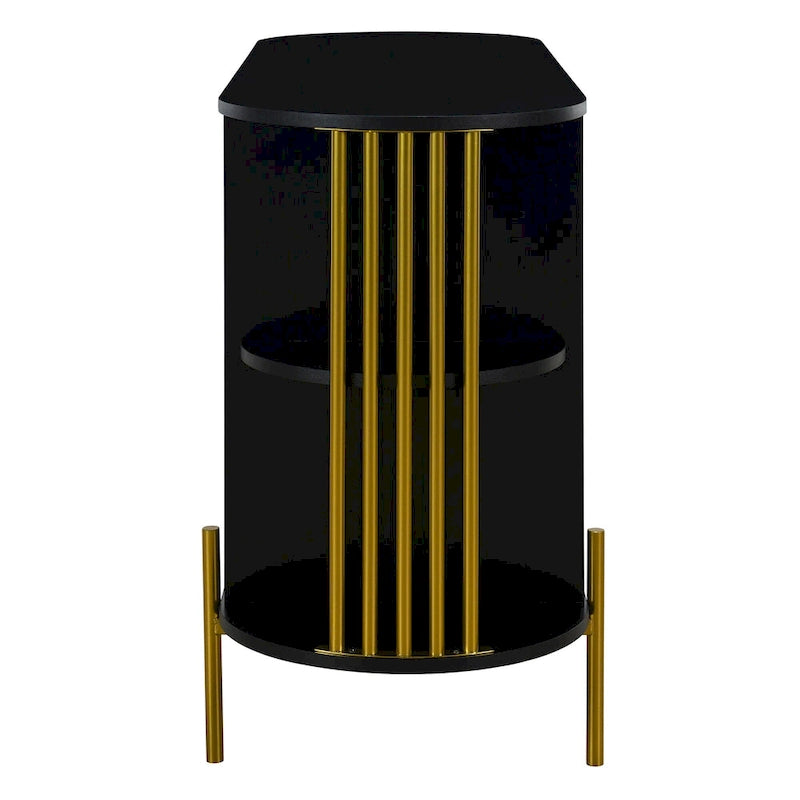 Meuble de salle à manger élégant à 2 portes incurvées avec garniture dorée et portes en rotin tressé (noir)