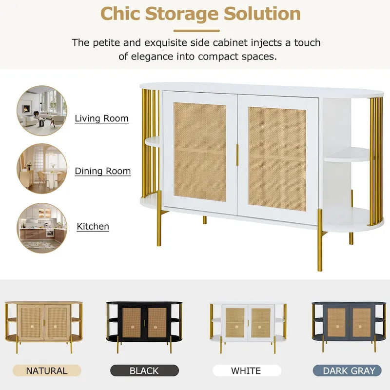 Meuble de salle à manger élégant à 2 portes incurvées avec garniture dorée et portes en rotin tressé (noir)