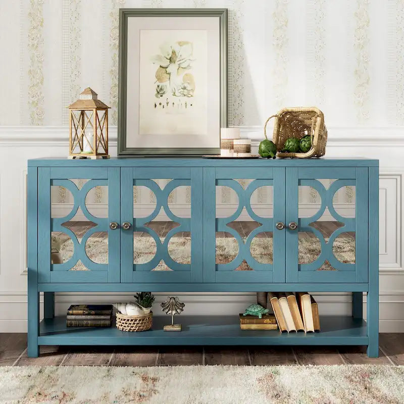 Élégante console/meuble de rangement/buffet rétro avec portes miroir, étagères spacieuses et pieds robustes en bois d'acacia.