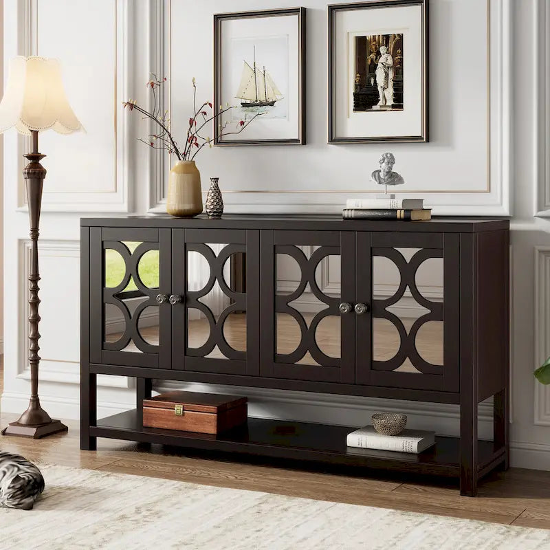 Élégante console/meuble de rangement/buffet rétro avec portes miroir, étagères spacieuses et pieds robustes en bois d'acacia.