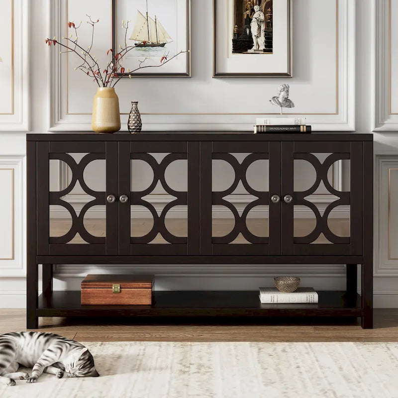 Élégante console/meuble de rangement/buffet rétro avec portes miroir, étagères spacieuses et pieds robustes en bois d'acacia.