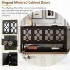 Élégante console/meuble de rangement/buffet rétro avec portes miroir, étagères spacieuses et pieds robustes en bois d'acacia.
