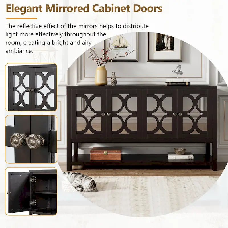 Élégante console/meuble de rangement/buffet rétro avec portes miroir, étagères spacieuses et pieds robustes en bois d'acacia.