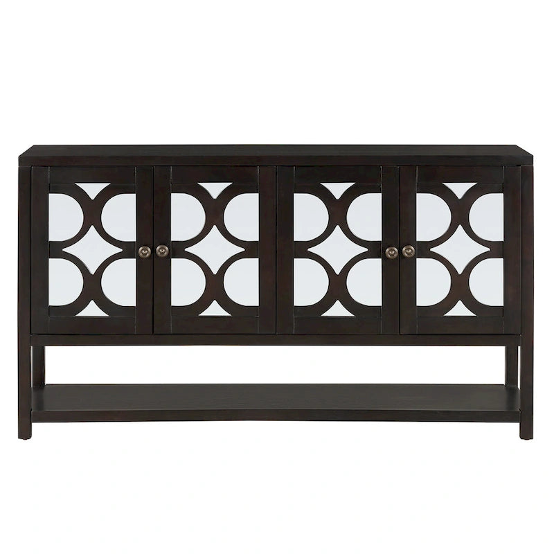 Élégante console/meuble de rangement/buffet rétro avec portes miroir, étagères spacieuses et pieds robustes en bois d'acacia.