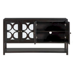 Élégante console/meuble de rangement/buffet rétro avec portes miroir, étagères spacieuses et pieds robustes en bois d'acacia.