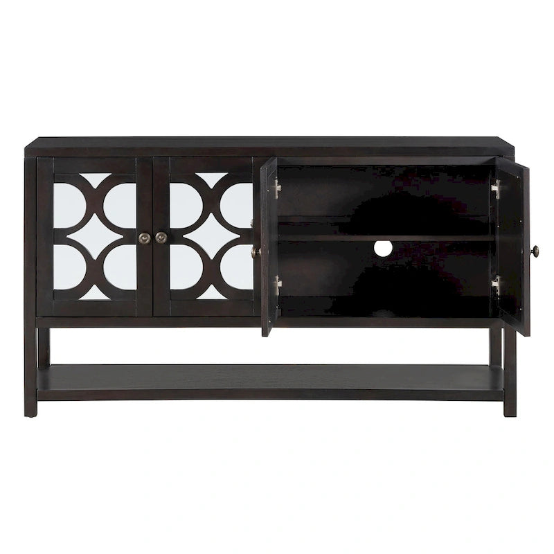 Élégante console/meuble de rangement/buffet rétro avec portes miroir, étagères spacieuses et pieds robustes en bois d'acacia.