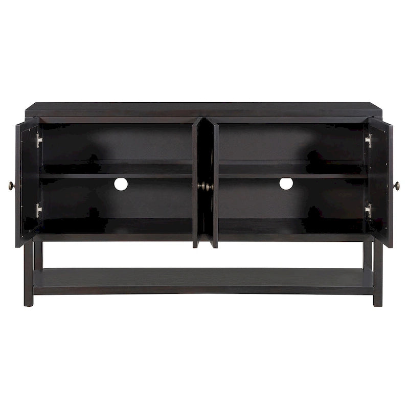 Élégante console/meuble de rangement/buffet rétro avec portes miroir, étagères spacieuses et pieds robustes en bois d'acacia.