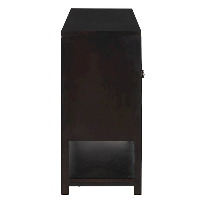 Élégante console/meuble de rangement/buffet rétro avec portes miroir, étagères spacieuses et pieds robustes en bois d'acacia.