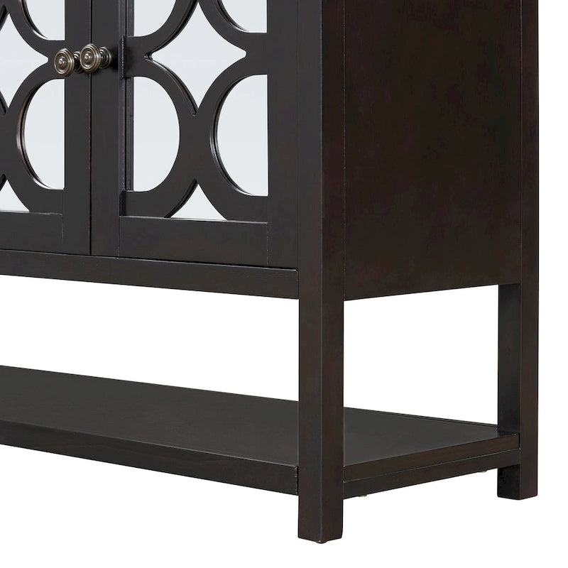 Élégante console/meuble de rangement/buffet rétro avec portes miroir, étagères spacieuses et pieds robustes en bois d'acacia.