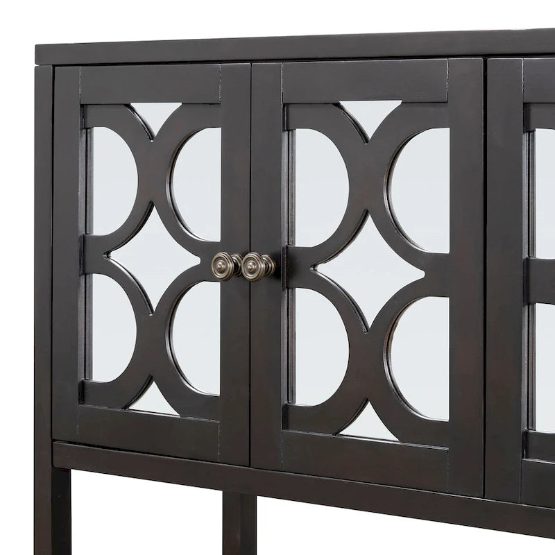 Élégante console/meuble de rangement/buffet rétro avec portes miroir, étagères spacieuses et pieds robustes en bois d'acacia.