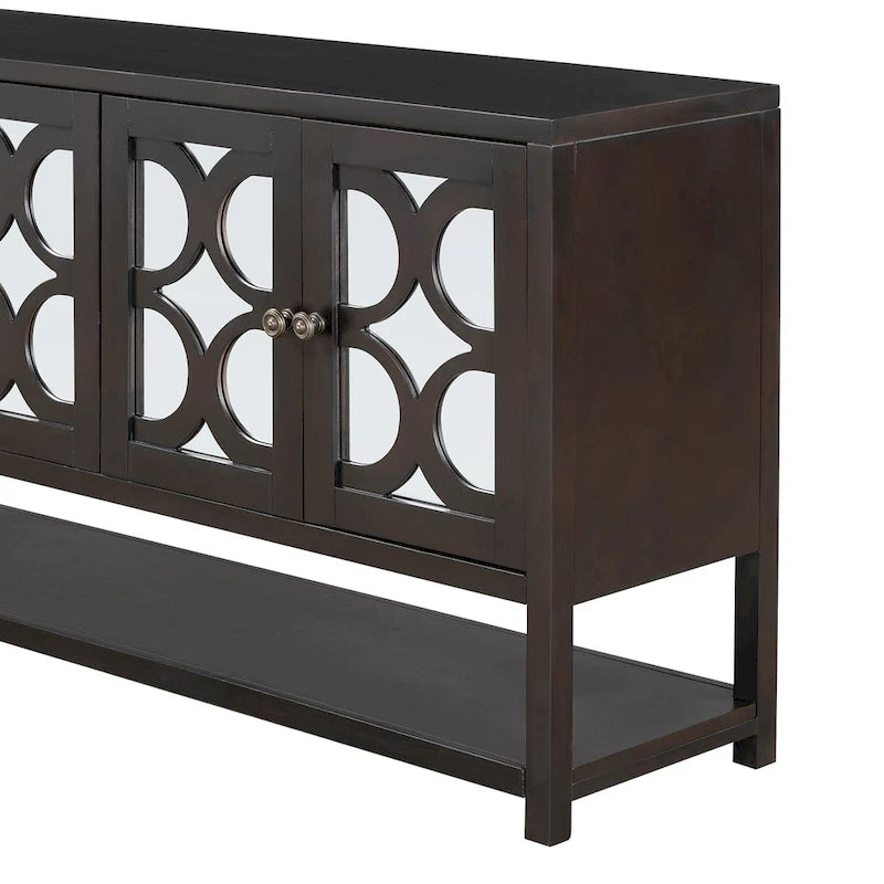 Élégante console/meuble de rangement/buffet rétro avec portes miroir, étagères spacieuses et pieds robustes en bois d'acacia.