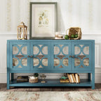 Élégante console/meuble de rangement/buffet rétro avec portes miroir, étagères spacieuses et pieds robustes en bois d'acacia.
