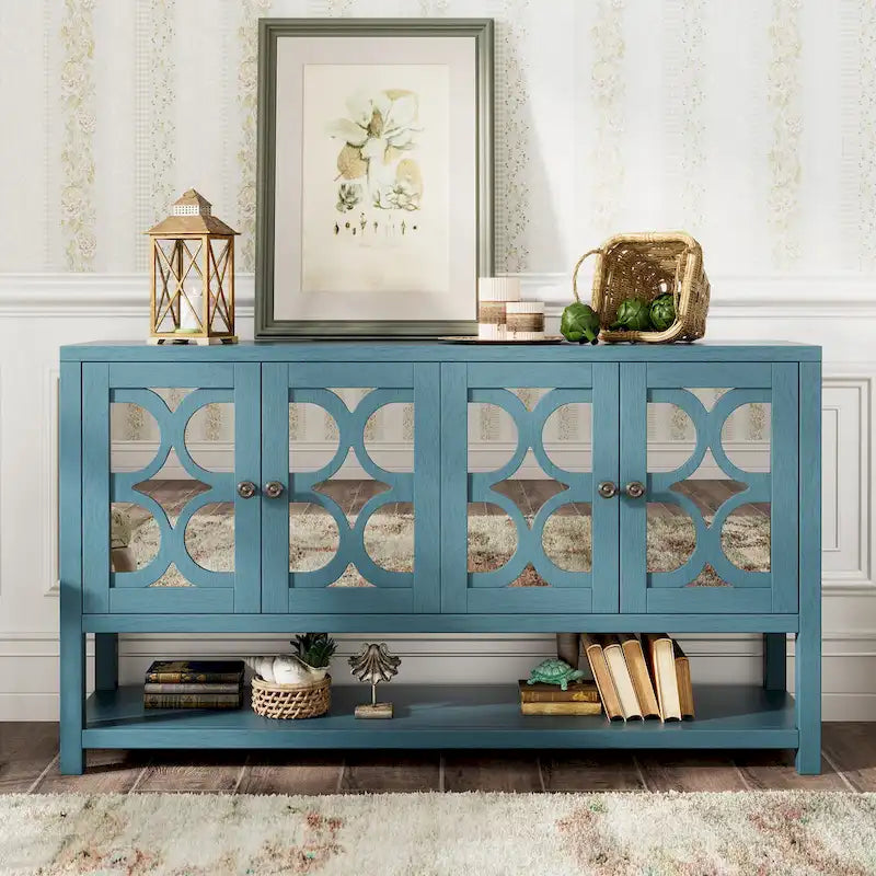 Élégante console/meuble de rangement/buffet rétro avec portes miroir, étagères spacieuses et pieds robustes en bois d'acacia.