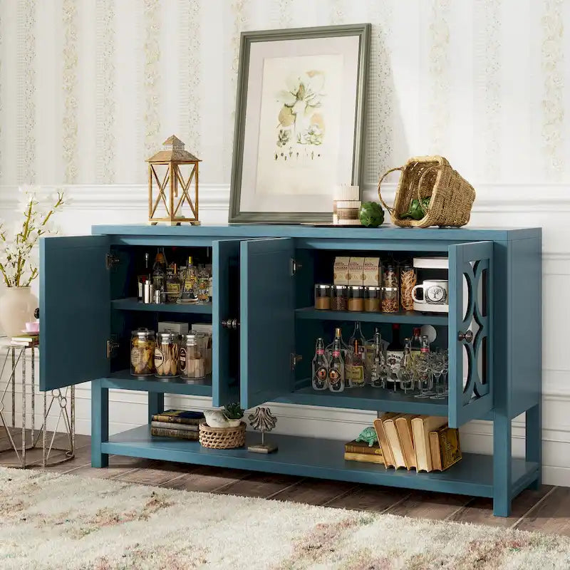 Élégante console/meuble de rangement/buffet rétro avec portes miroir, étagères spacieuses et pieds robustes en bois d'acacia.