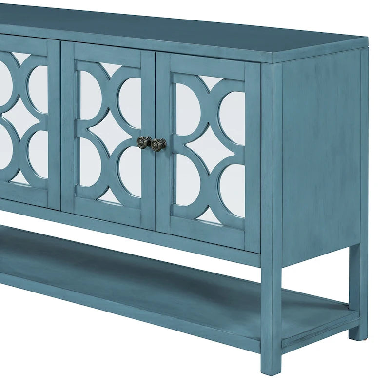 Élégante console/meuble de rangement/buffet rétro avec portes miroir, étagères spacieuses et pieds robustes en bois d'acacia.