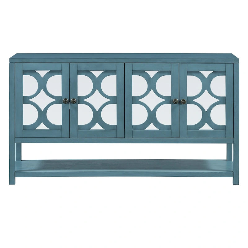 Élégante console/meuble de rangement/buffet rétro avec portes miroir, étagères spacieuses et pieds robustes en bois d'acacia.