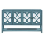 Élégante console/meuble de rangement/buffet rétro avec portes miroir, étagères spacieuses et pieds robustes en bois d'acacia.